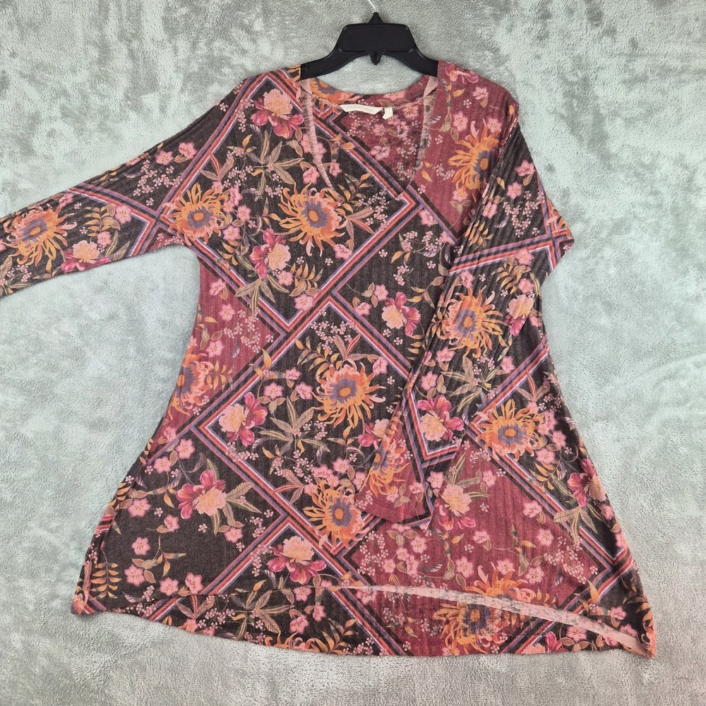 Soft Surroundings Alisanna Tunic Top Women Large Burgundy Brown Floral Knit Boho